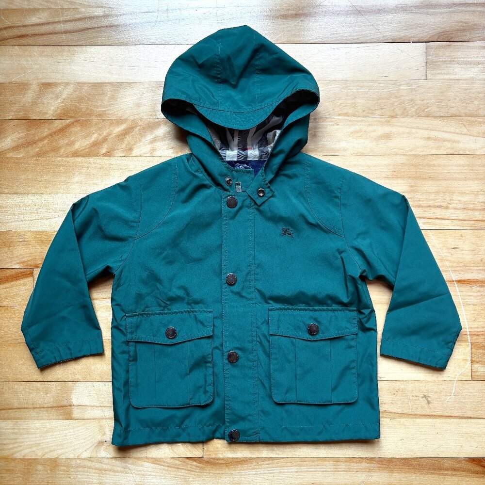 Burberry Kids Green Hooded Jacket – Size 90cm (2–3Y), Nova Check Lining